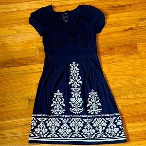 Elegant Navy Blue Dress with White Embroidery , gently worn